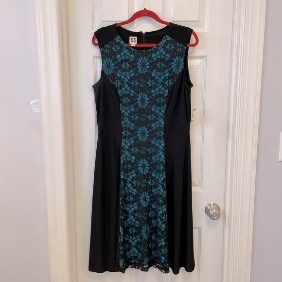 New with Tags Anne Klein Black Stretchy Sleeveless Floral Turquoise Dress Sz 14 - Picture 1 of 11